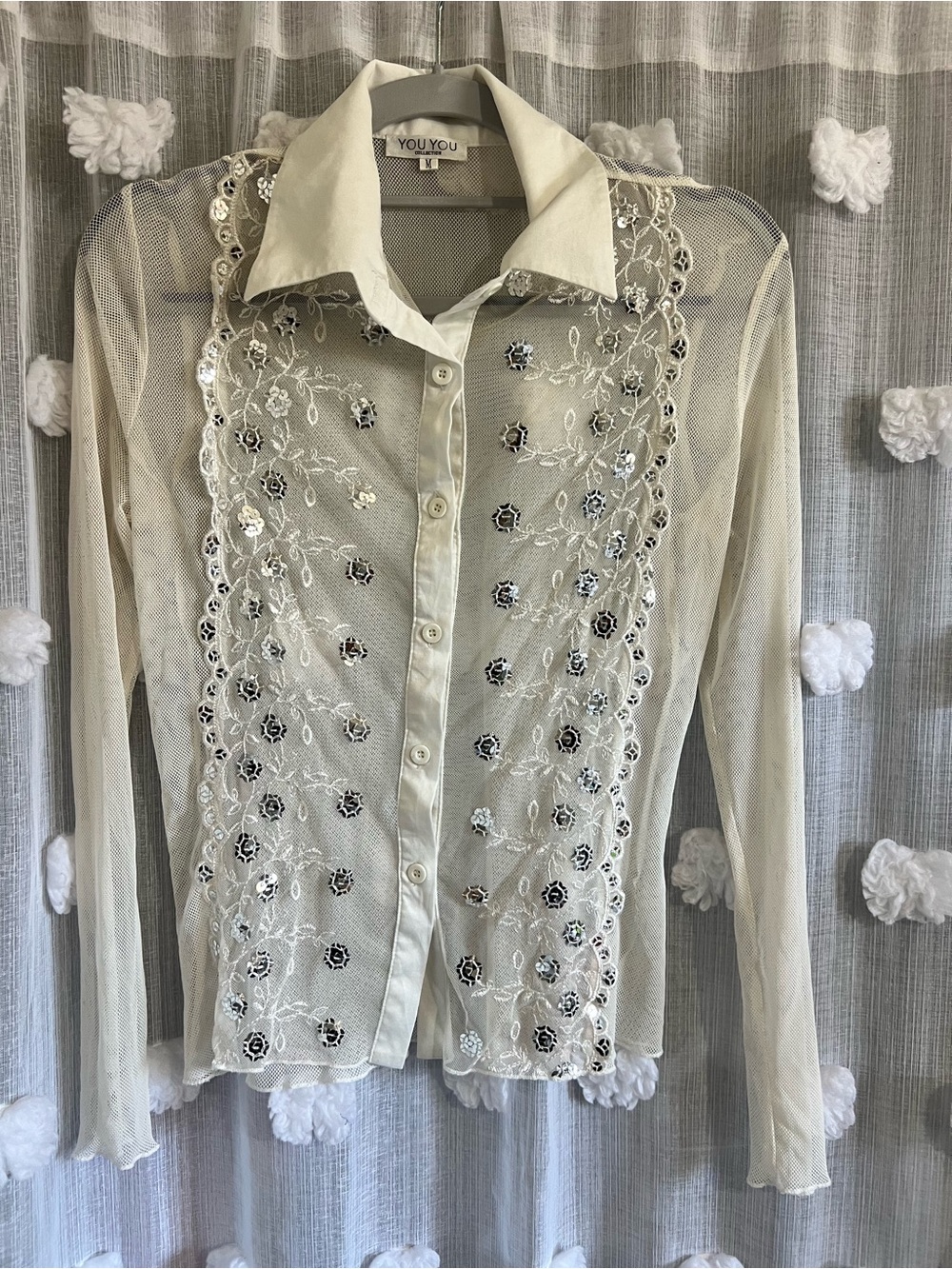 Cream Sheer Embroidered Button-Down Top